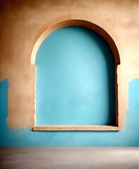 Poster - An arched window with a stone frame and a light blue interior stands against a beige wall with a blue accent
