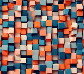 Leinwandbilder - A pattern composed of numerous cubes in various shades of blue, orange, and white, arranged in a grid-like pattern
