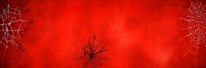 Poster - A close-up view spider web against a red background, with the web's intricate structure and delicate strands clearly visible