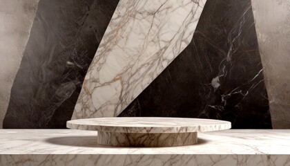 Aufkleber - A marble pedestal with a round top sits in front striking black and white marble wall, creating a visually appealing contrast