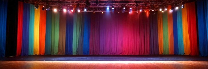 Fototapete - A vibrant stage with a colorful curtain backdrop, featuring a wooden floor and a row of lights in the background
