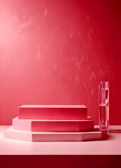Leinwandbilder - A pink-themed still life composition featuring a pink foam platform, a clear glass vase, and a pink wall with a subtle reflection