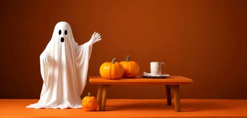 Aufkleber - A white ghost statue stands on a wooden table, with two small orange pumpkins and a white mug nearby, against a brown background