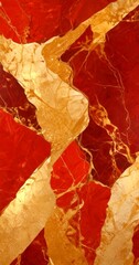Poster - a close-up view marble surface with a striking pattern of red and gold hues The marble exhibits a textured and weathered appearance, with visible cracks and crevices