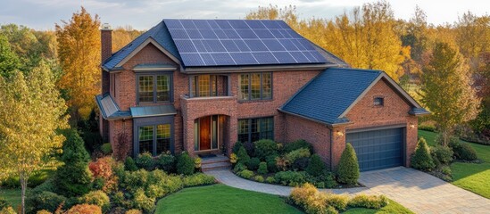 Two-story brick home with solar panels on the roof and a green lawn.