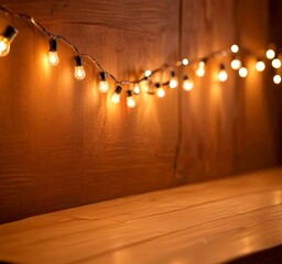 Fototapete - A string of warm-toned lights, resembling a garland, is strung across a wooden wall, creating a cozy and inviting atmosphere