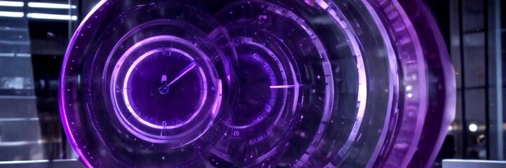 Poster - a close-up view futuristic clock face with a purple and black color scheme, featuring a circular design with concentric circles and a central clock face