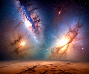 Poster - a breathtaking night sky over a barren, rocky landscape, with the Milky Way galaxy visible in the background