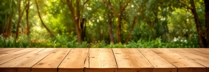 Poster - A wooden table with a natural finish sits in the foreground, contrasting with the lush greenery forest in the background