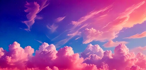 Poster - A vibrant sky filled with fluffy white clouds in shades of pink and blue, with wispy clouds and a gradient effect