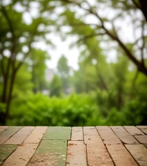 Poster - A wooden deck with a brick pattern rests in the foreground, while a lush, verdant forest is visible in the blurred background