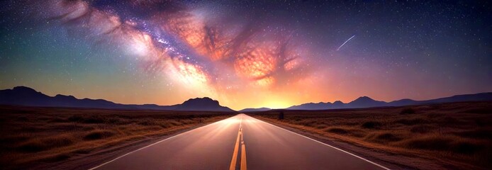 Aufkleber - A long, straight road stretches out into the distance, flanked by a vast, open field and a breathtaking view of the Milky Way galaxy and a shooting star in the night sky