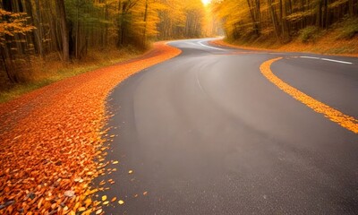 Poster - A winding road through a forest of autumn-colored trees, with fallen leaves covering the ground and curving gently to the right