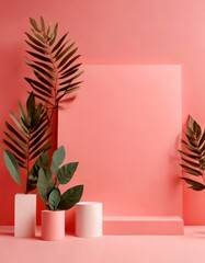 Leinwandbilder - A minimalist arrangement of three potted plants and a white pedestal against a pink background, with a blank white square in the center