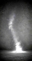 Poster - A black and white swirling cloud of dust or smoke, with small white specks scattered throughout, against a dark background
