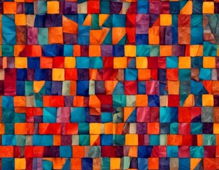 Leinwandbilder - a vibrant mosaic composed of multicolored squares, arranged in a grid-like pattern The squares vary in shades of red, orange, yellow, green, blue, and purple, creating a