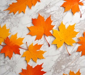 Poster - A collection of vibrant orange and yellow maple leaves arranged on a marble surface, creating a visually appealing autumnal scene