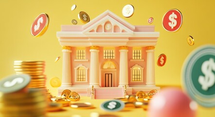 Wall Mural - Pink miniature bank building with gold coins and dollar signs floating around it on a yellow background.