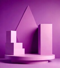 Poster - A minimalist stage set with three geometric shapes in a vibrant purple background