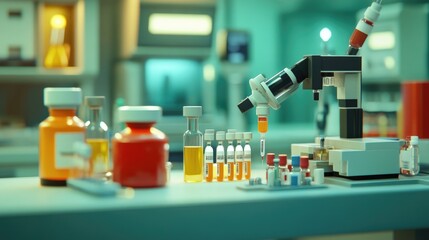 Poster - A research facility with scientists conducting experiments on vaccines, with vials and medical supplies arranged on the counter.
