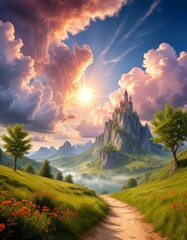 Aufkleber - a majestic castle perched atop a rocky cliff, surrounded by a lush green landscape and a winding path leading towards it The sky is filled with clouds