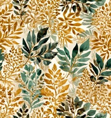 Aufkleber - a repeating pattern of leaves and branches in various shades of green, gold, and brown against a light background
