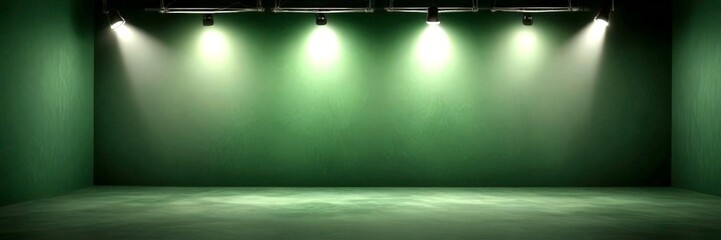 A dimly lit room with a green wall and a concrete floor, featuring a row of spotlights on the ceiling