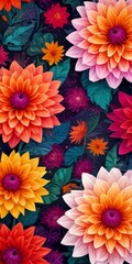 Aufkleber - a vibrant and colorful floral pattern with a variety of flowers in shades of orange, pink, and purple against a dark background