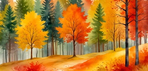 Poster - A watercolor painting depicting a forest scene with trees in autumn colors, including yellow, orange, and red leaves