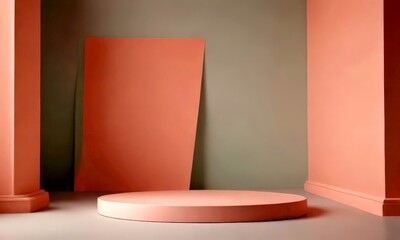 Poster - A minimalist, geometric room with a round podium in the center, flanked by two columns on either side, and a light pink wall in the background