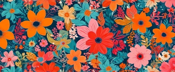 Poster - a vibrant and colorful floral pattern with a variety of flowers in shades of orange, pink, and yellow, interspersed with green leaves and stems