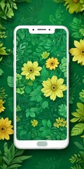 Poster - A smartphone screen displays a vibrant wallpaper of yellow daisies and green leaves against a dark green background