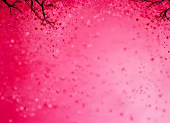 Fototapete - a pink background with scattered pink and white dots, resembling falling petals from a tree The top left corner is adorned with a dark silhouette of tree branches, adding