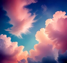 Poster - A serene sky with fluffy white clouds in shades of pink and blue, creating a dreamy and ethereal atmosphere