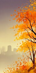 Poster - a serene autumn scene with a tree in full bloom, its branches adorned with vibrant orange leaves, set against a hazy cityscape in the background