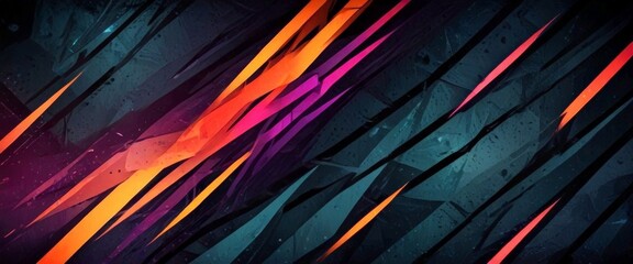 Poster - a dark background with diagonal lines of varying colors, including orange, pink, and purple, creating a dynamic and abstract visual effect