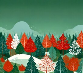 Poster - A winter landscape with a forest of stylized trees in red, white, and green, set against a dark green background with a snowy hill and distant mountains