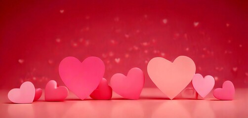 Aufkleber - A row of pink paper hearts of various sizes is arranged on a pink background with a subtle sparkle effect