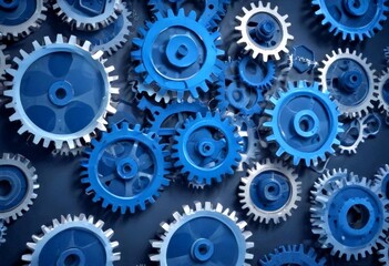 Aufkleber - A collection of blue gears and cogs arranged in a complex pattern against a dark background