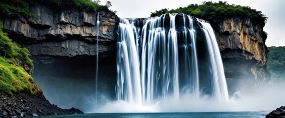 Aufkleber - A majestic waterfall cascades down a rugged cliff face, surrounded by lush greenery and a misty pool below