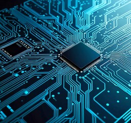 Aufkleber - a close-up view circuit board with a central processor chip surrounded by a complex network of interconnected blue and black lines and traces