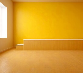 Aufkleber - An empty room with a yellow wall, a wooden bench, and a window