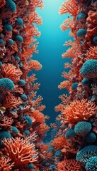 Poster - a vibrant underwater scene featuring a variety of colorful coral formations, with the central focus on a deep blue background