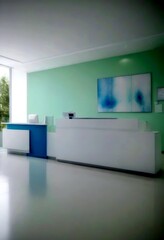 Aufkleber - A modern, minimalist office reception area with a white reception desk, blue accent wall, and a large abstract painting on the wall