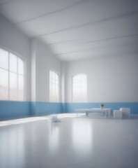 Poster - a spacious, minimalist room with a white ceiling and walls, a large window on the left, and a blue accent wall on the right The room features a white table with a vase