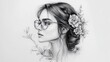 © ProPhotos - Black and white pencil drawing of stylish woman with glasses, her hair is decorated with flowers, highlighting her natural beauty.