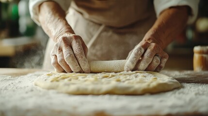 Wall Mural - Italian pasta making tradition: a grandmother's hands in action for culinary heritage poster