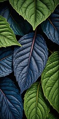 Poster - A close-up view cluster of leaves with a mix of green, blue, and purple hues, creating a visually striking and textured composition