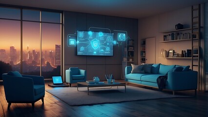 Modern Smart living room interior with innovative technology maintaining connections.