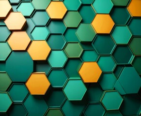 Poster - a geometric pattern composed of overlapping hexagonal shapes in various shades of green and yellow, creating a visually striking and abstract design